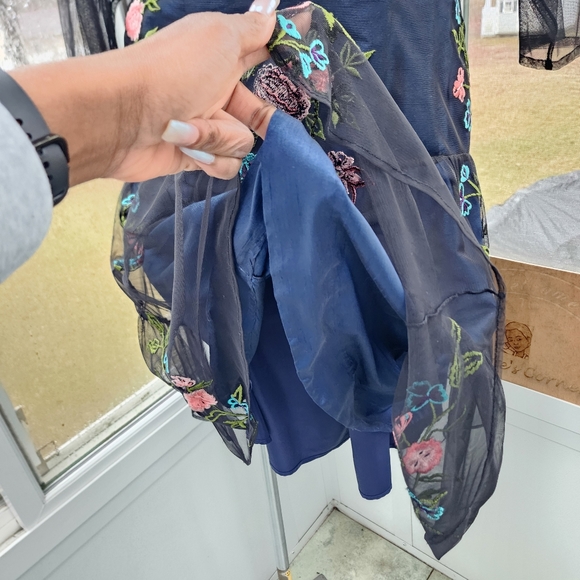 Wayward Fancies Floral Embroidery Black Sheer Tiered Tulle & Blue Dupioni Dress - Picture 11 of 16